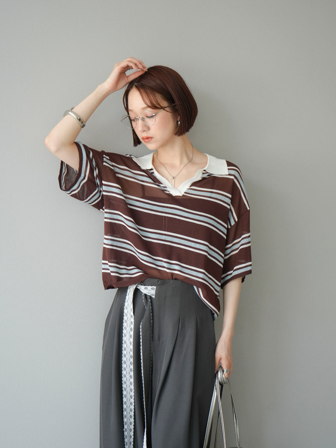 [予約]シアーポロニットプルオーバー/ブラウンボーダー