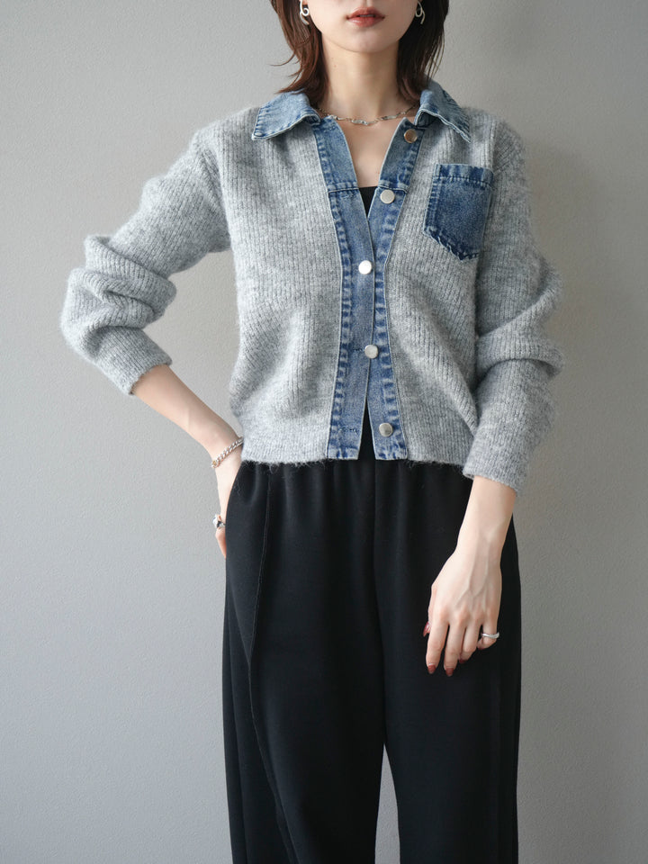 [予約]デニム襟ポケットニットカーディガン/gray