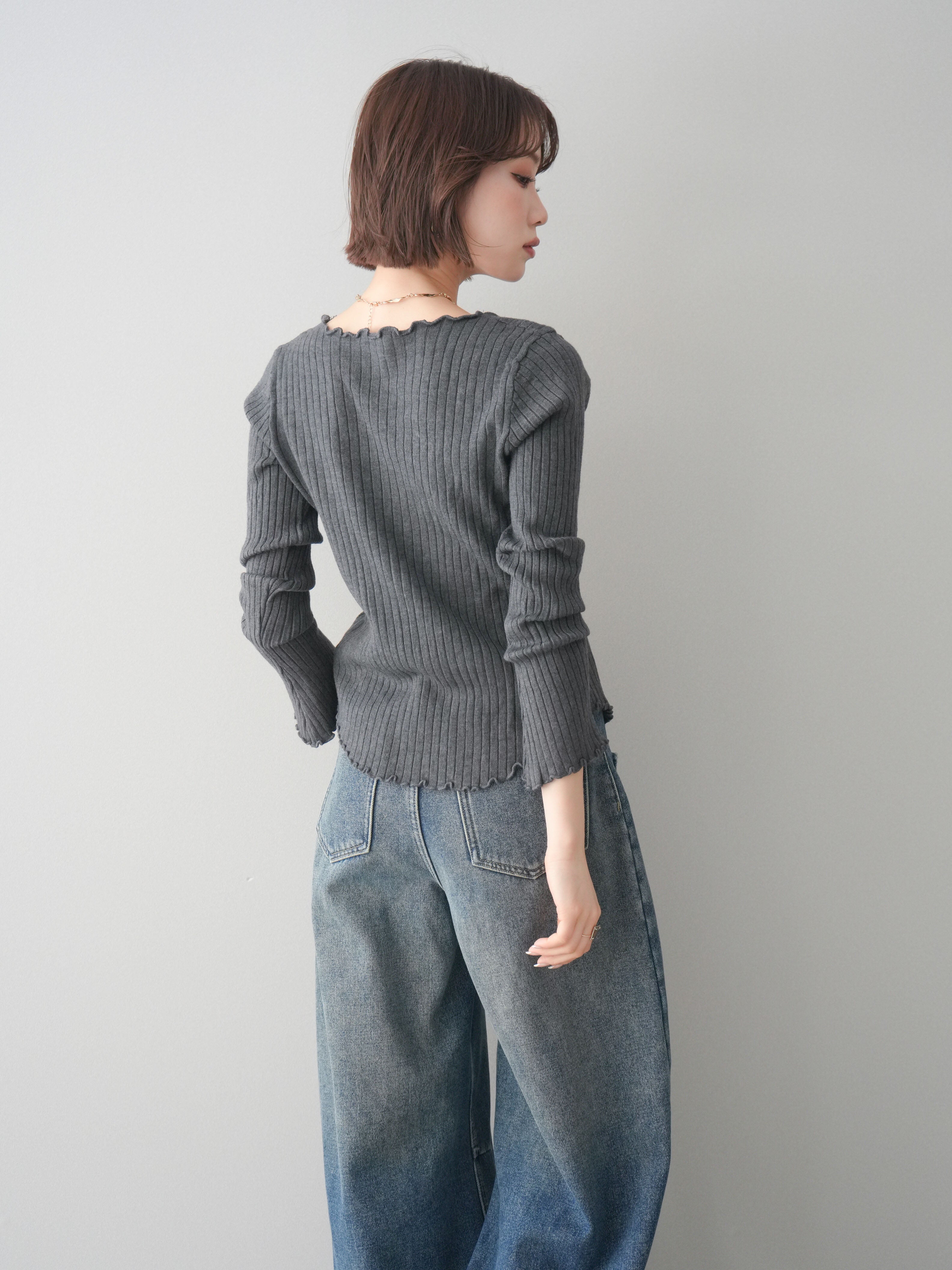 予約]レースネックレースアップリブニットトップス/gray – Lumier