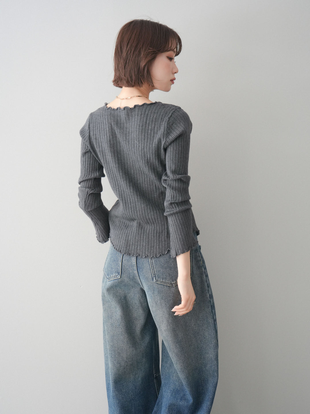 [予約]レースネックレースアップリブニットトップス/gray