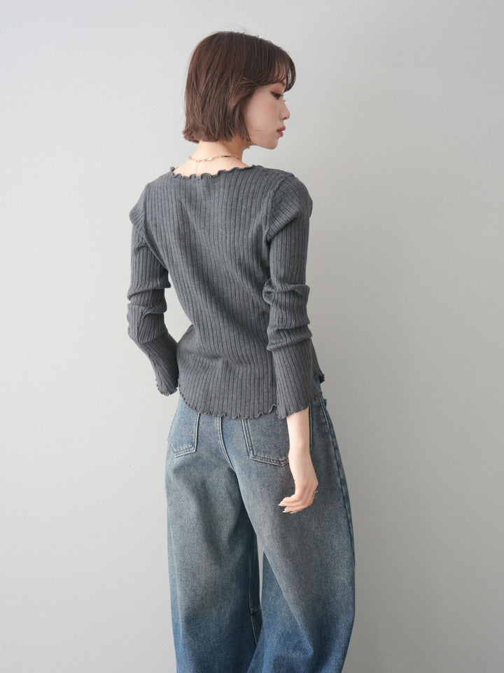 [予約]レースネックレースアップリブニットトップス/gray