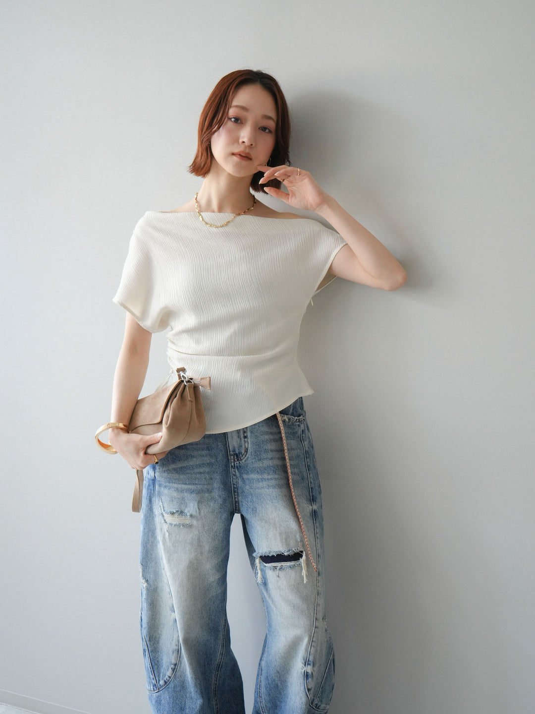 [予約]クレープアシンメトリーギャザートップス/white
