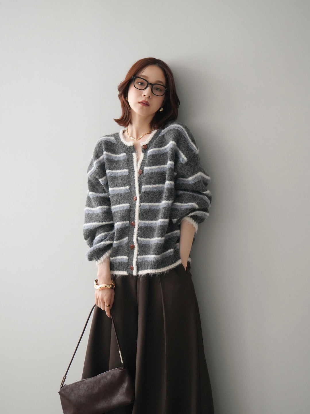 [SET]ウールタッチ配色ボーダーニットカーディガン+テープベルトタックバギーパンツ(2set)