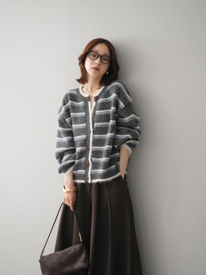 [SET]ウールタッチ配色ボーダーニットカーディガン+テープベルトタックバギーパンツ(2set)