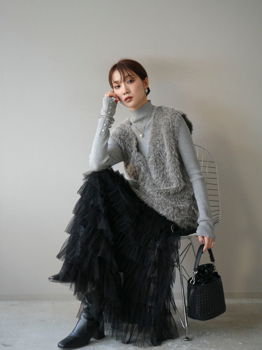 [予約]ダブルZIPループシャギーベスト/ブラック