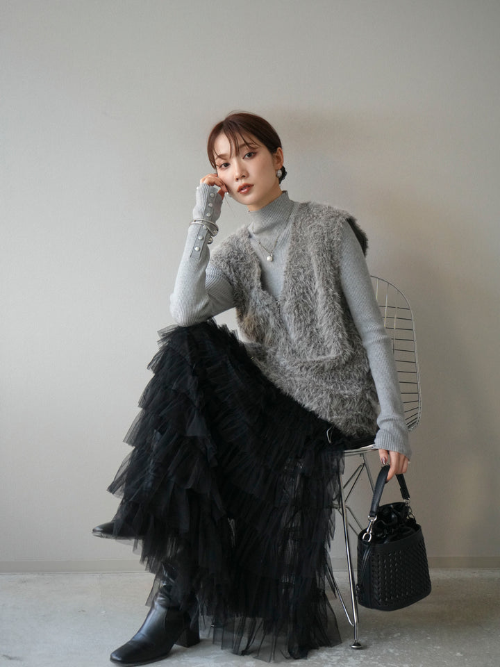 [予約]ダブルZIPループシャギーベスト/ブラック