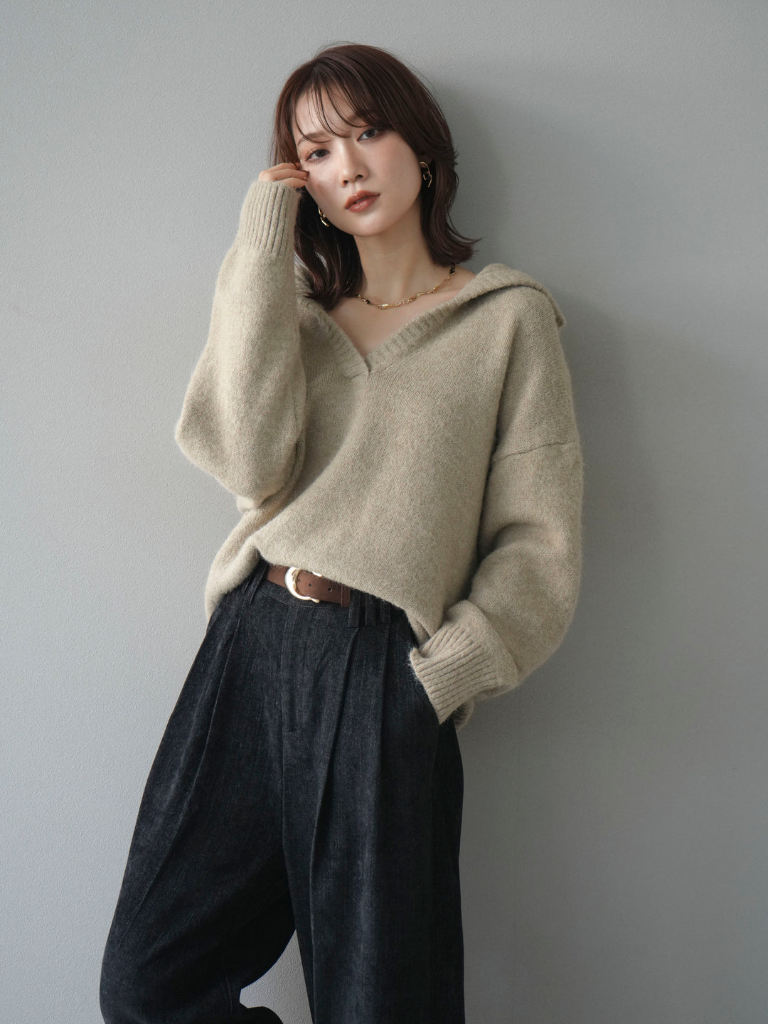 [予約]スキッパーニットプルオーバー/beige