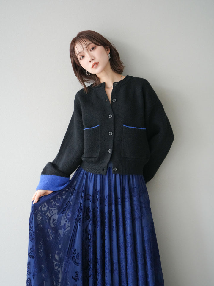 [SET]バイカラーオーバーニットカーディガン+アンティーク柄フロッキーマキシスカート(2set)