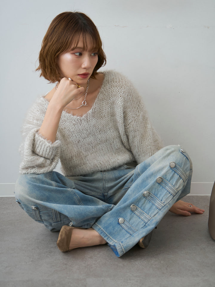 [SET]Vネックシャギークロップニットトップス+選べるアクセセット(2set)