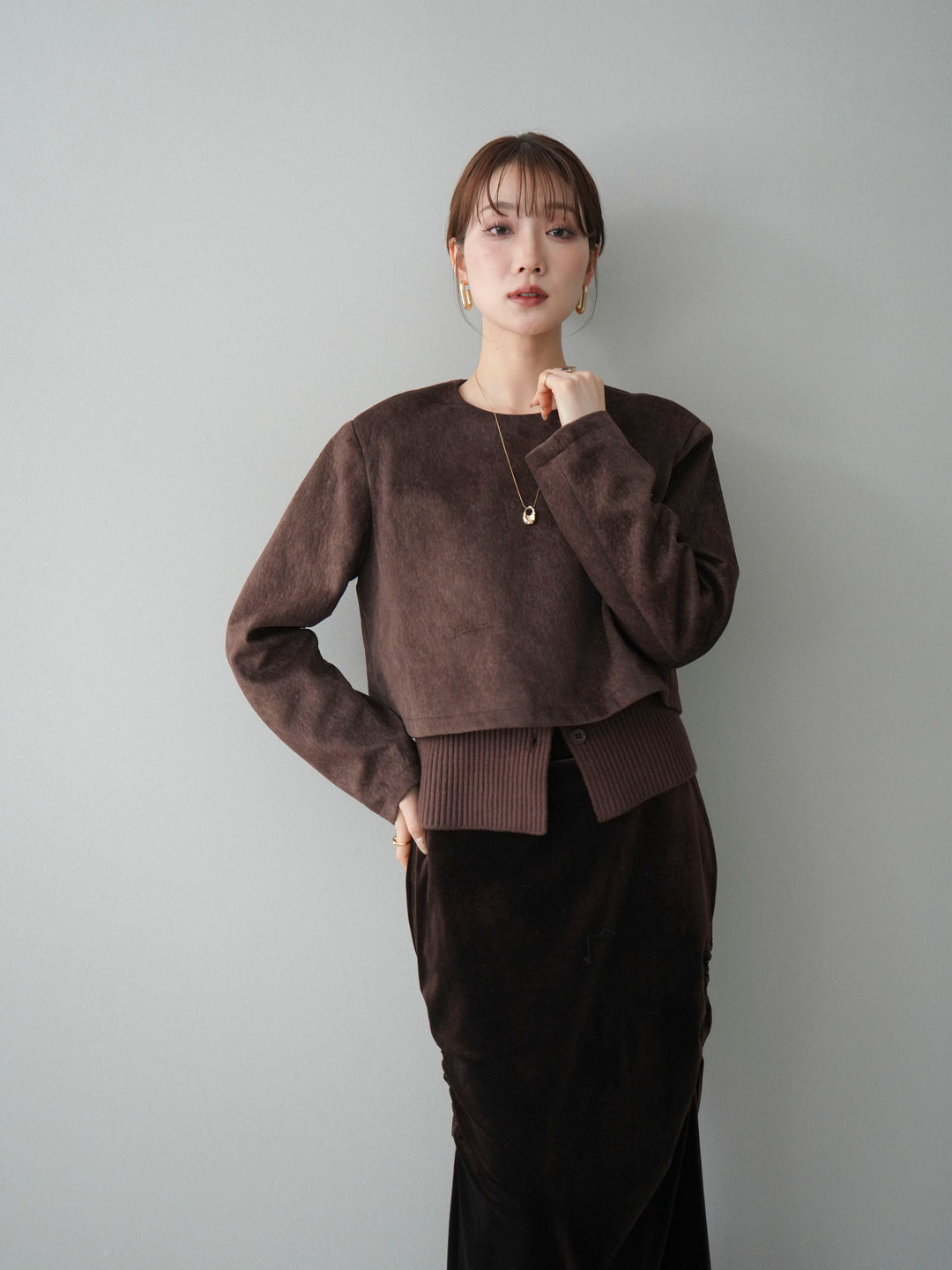 [予約]リブニットレイヤードスエードプルオーバー/brown