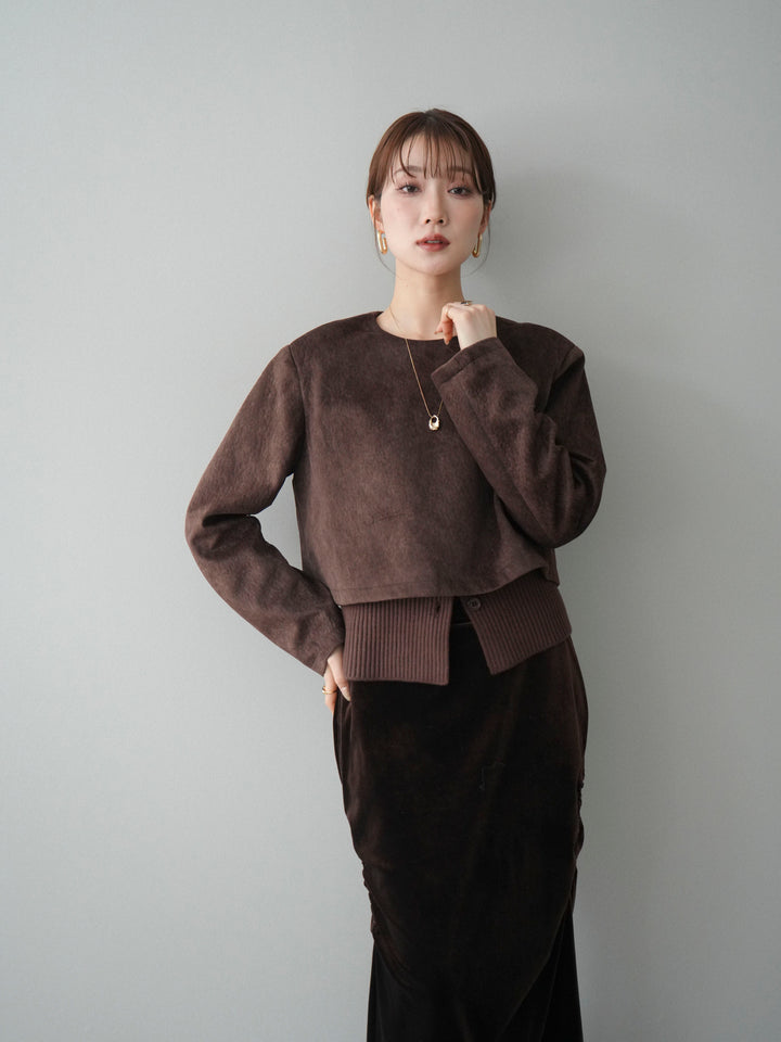 [予約]リブニットレイヤードスエードプルオーバー/brown