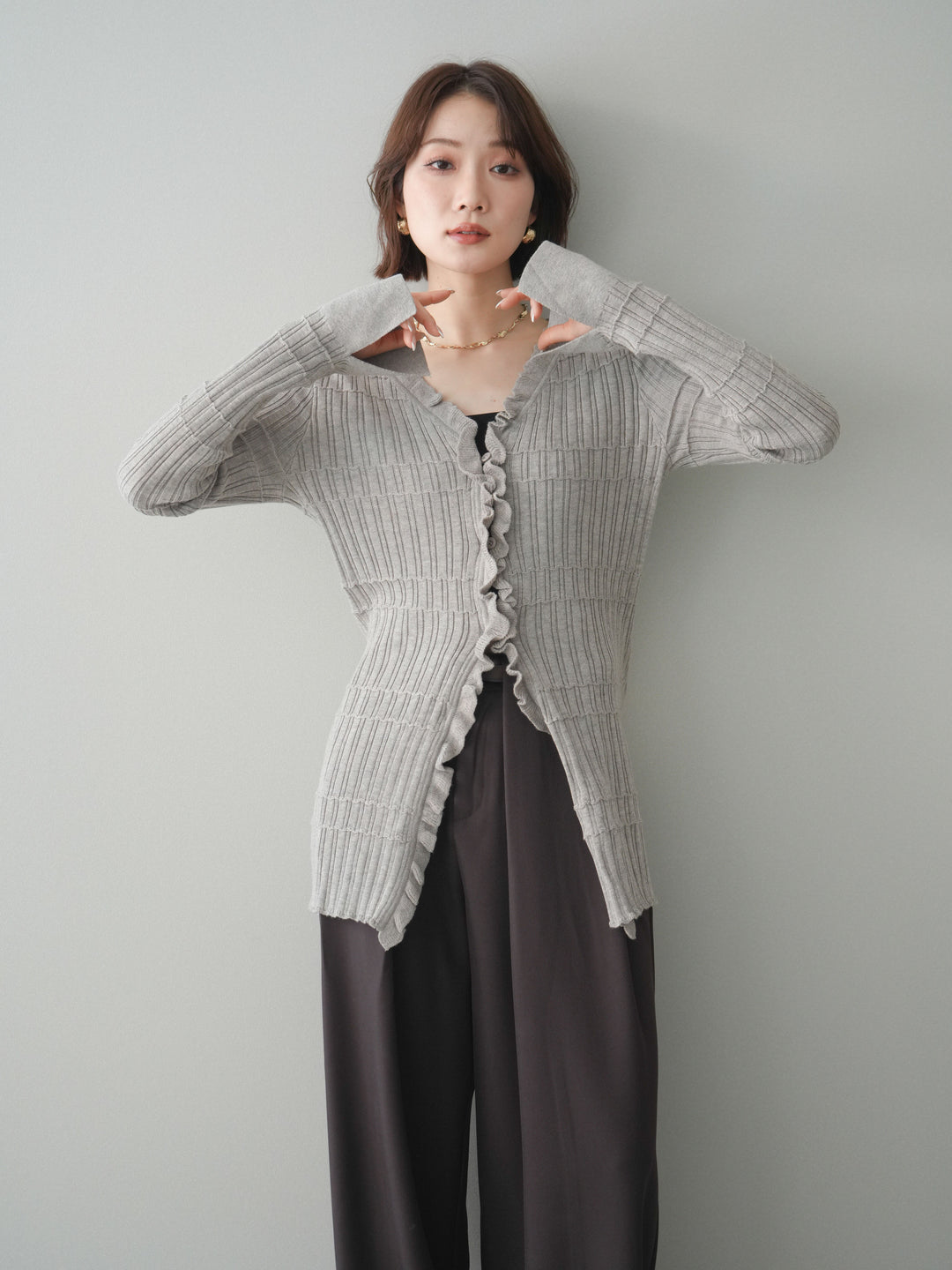 [予約]フロントフリルリブニットカーディガン/greige