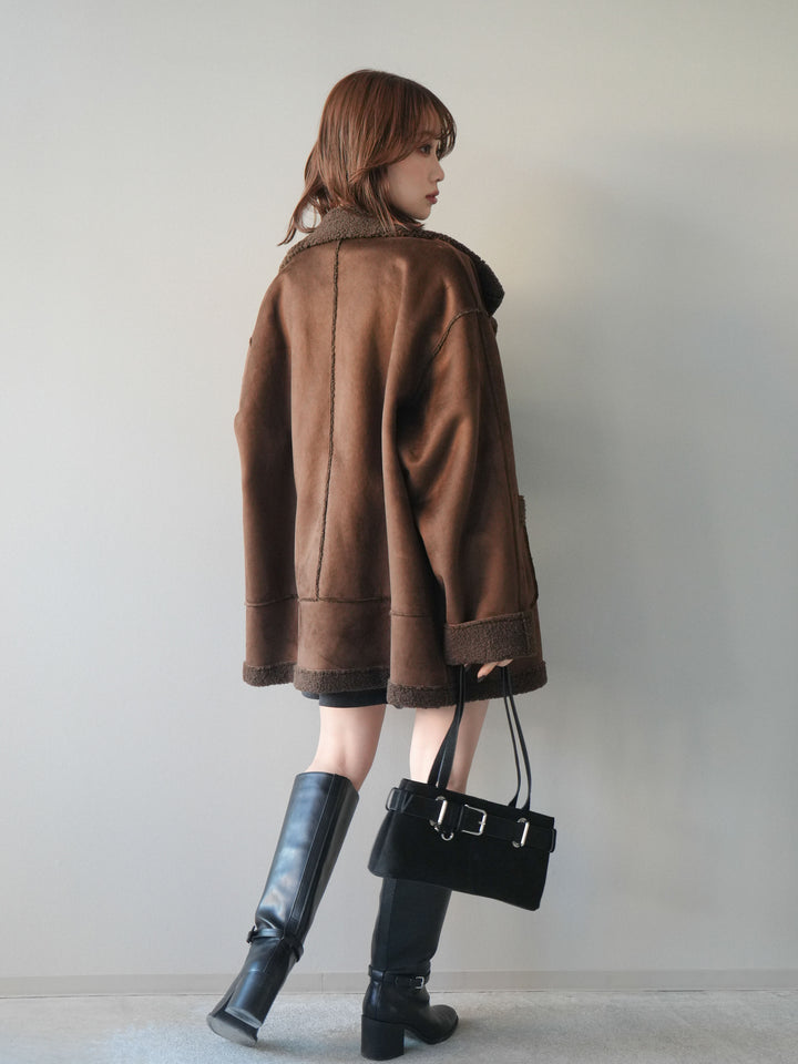 [SET]スタンドネックフェイクムートンミディアムコート+アンティークボタンニットカーディガン+ベルト付きタックミニスカート(3set)