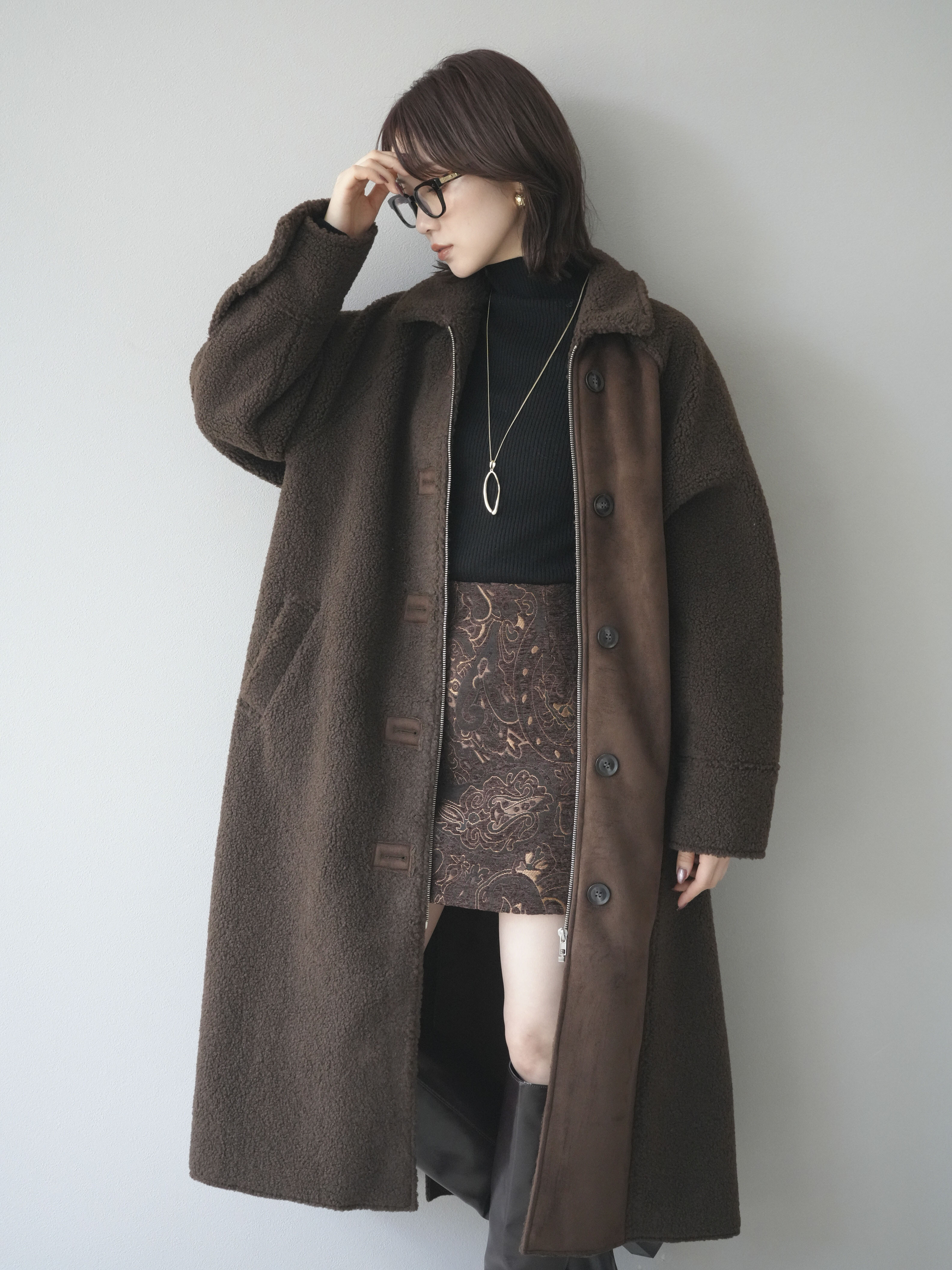 予約]ボアxムートンロングコート/brown – Lumier