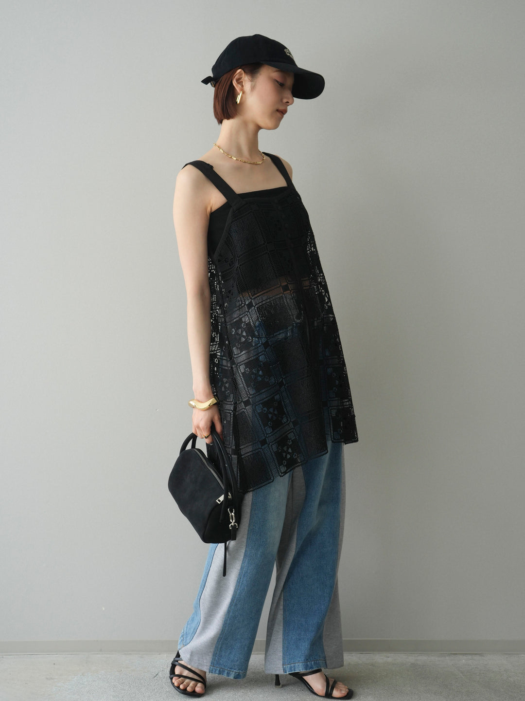 [SET]配色パネルレースキャミソール+デニム切替スウェットパンツ(2set)