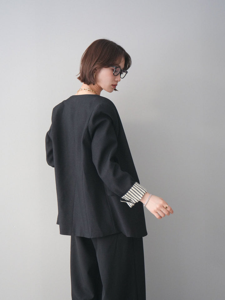 [SET]ノーカラージャケット+サテンベルトタックワイドパンツ(2set)