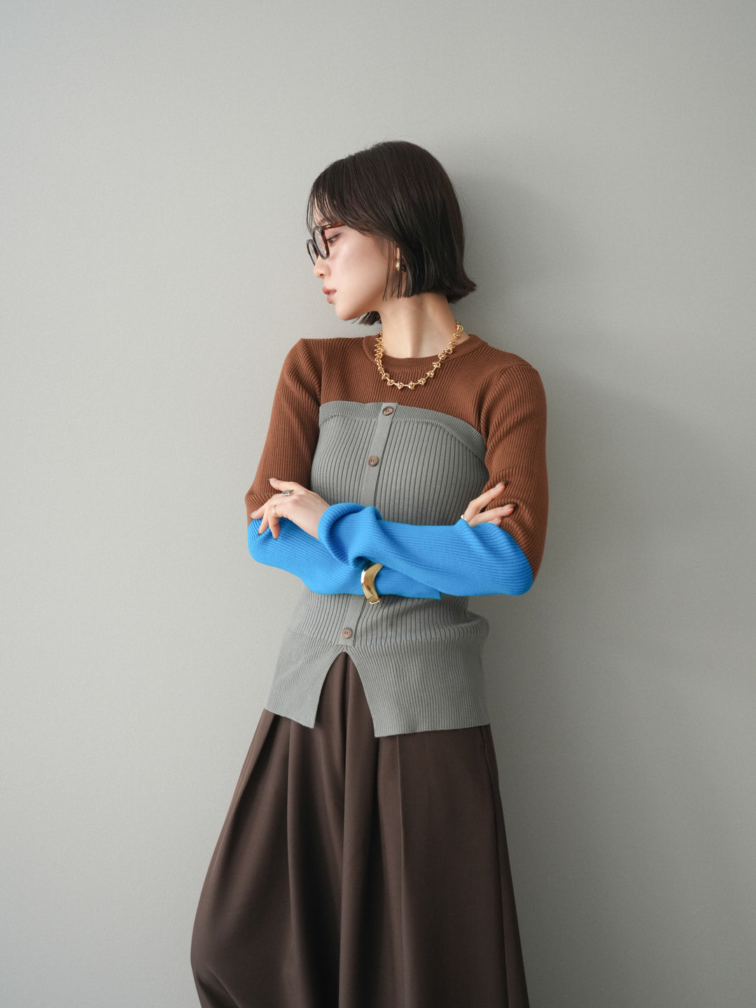 [SET]配色ビスチェドッキングリブニットトップス+選べるアクセセット(2set)