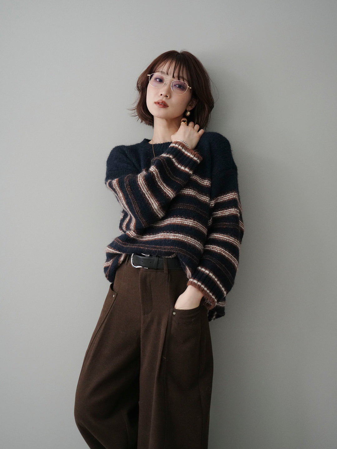 [予約]ステッチボーダーニットプルオーバー/navy