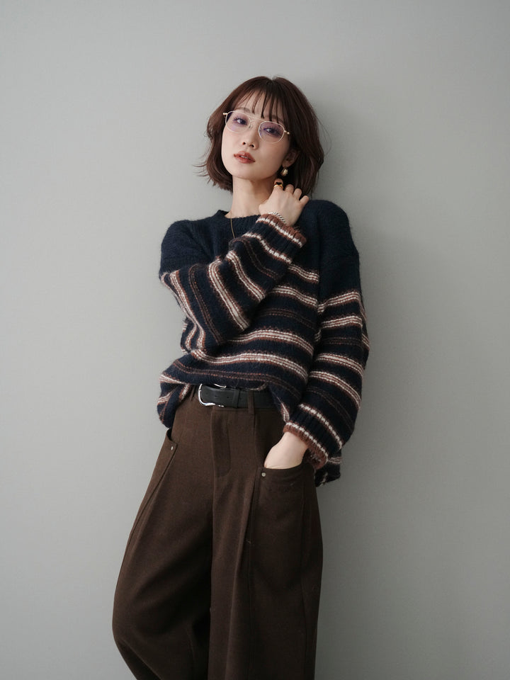 [予約]ステッチボーダーニットプルオーバー/navy