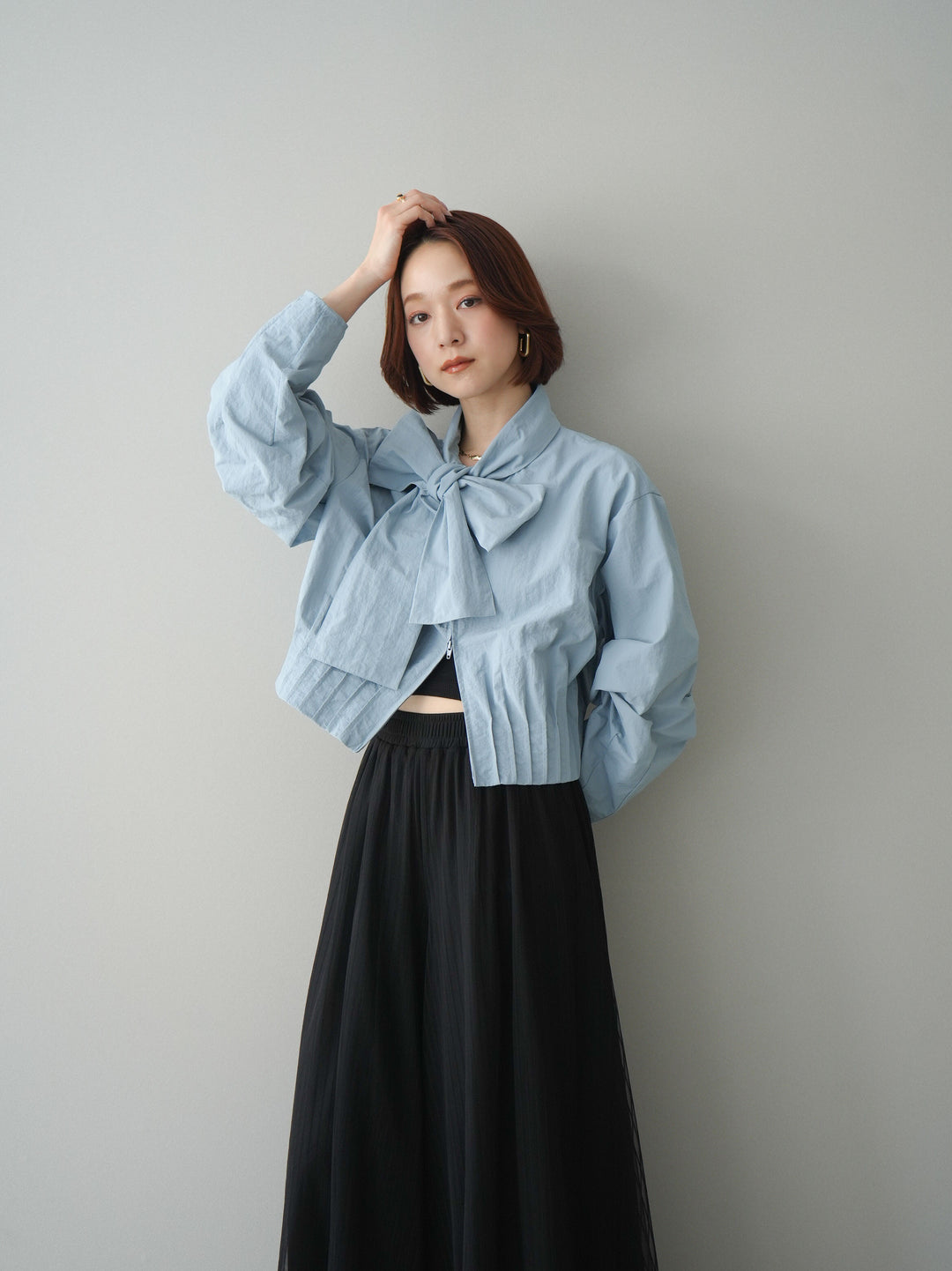 [SET]ボウタイ裾プリーツライトジャケット+ストライプチュールボリュームバギーパンツ(2set)