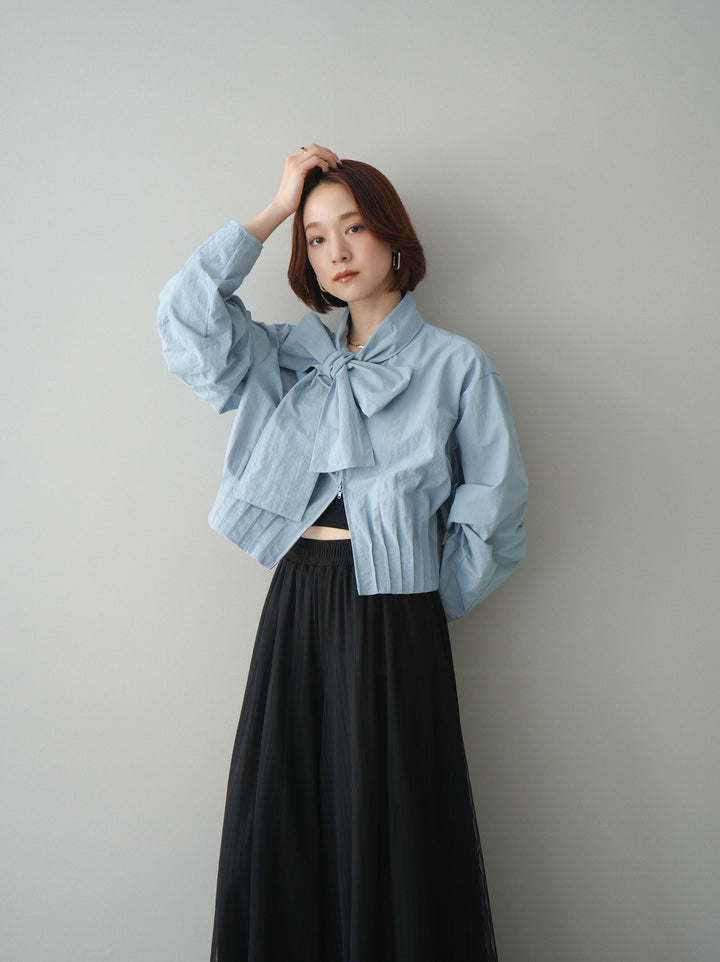 [SET]ボウタイ裾プリーツライトジャケット+ストライプチュールボリュームバギーパンツ(2set)