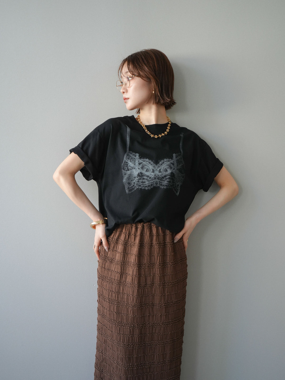 【預購】蕾絲圖案印花T卹/黑色