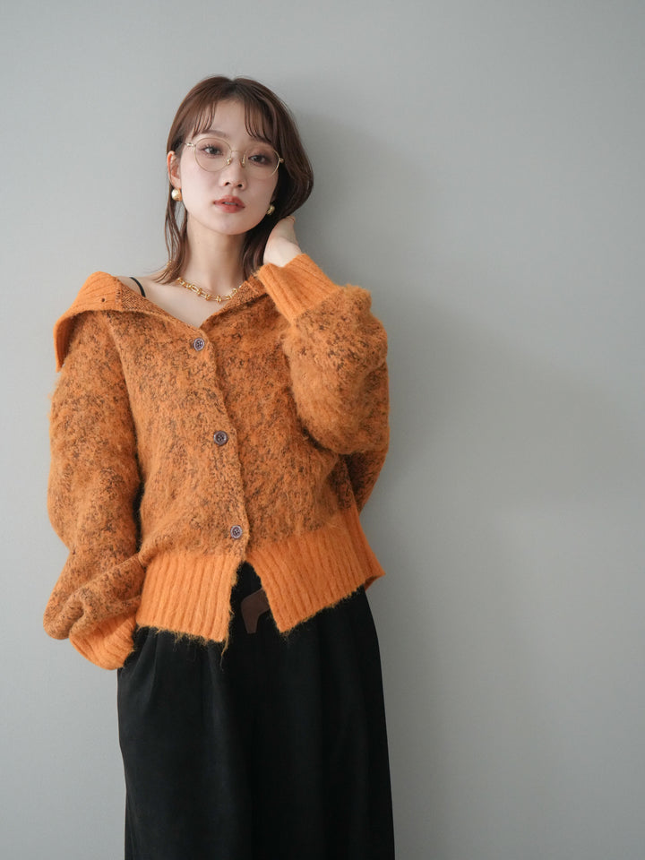 [SET]リブ切替メランジニットカーディガン+モチーフベルト付スエードタックワイドパンツ(2set)