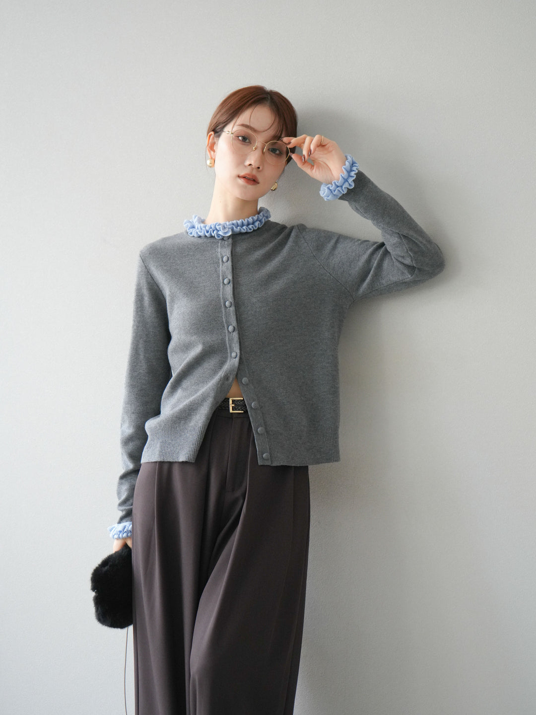 [予約]フリルデザインコンパクトニットカーディガン/グレー
