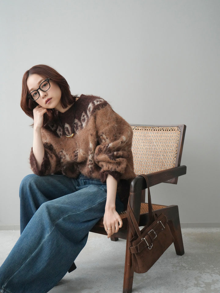 [SET]シャギーニュアンス柄ニットプルオーバー+ベルト付裏起毛カーブデニムパンツ(2set)