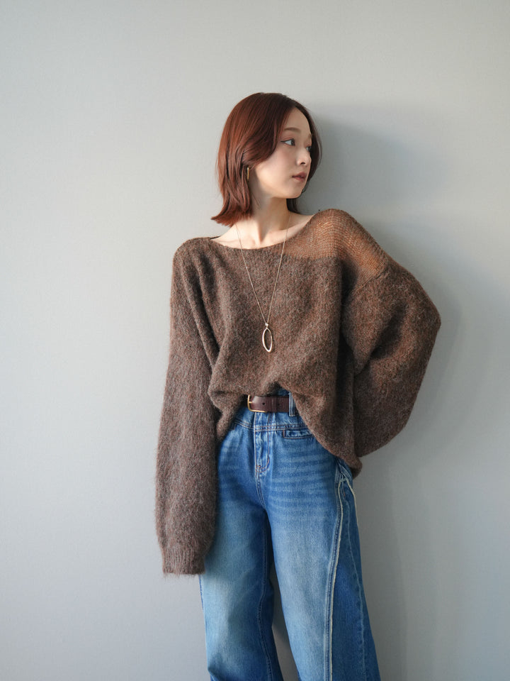 [SET]透かしデザインニットプルオーバー+サイドフリンジワイドデニムパンツ(2set)