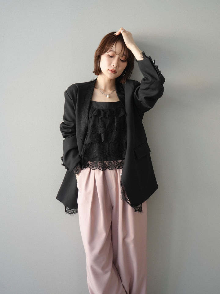 [SET]ノーカラーレースジャケット+ベルト付キーホルダーモチーフワイドパンツ(2set)