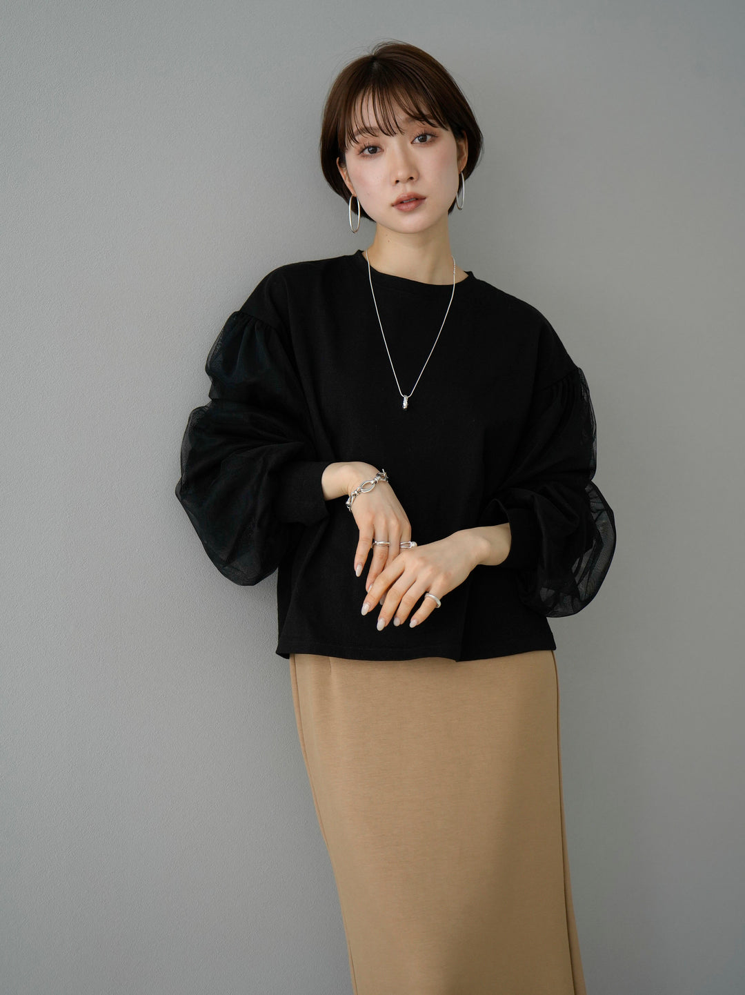 [Pre-order] Tulle layered sleeve top/black