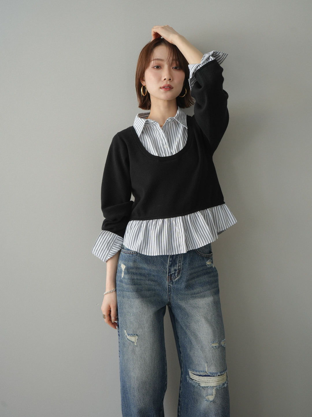 [予約]ストライプシャツUネックドッキングニットプルオーバー/blackoffstripe