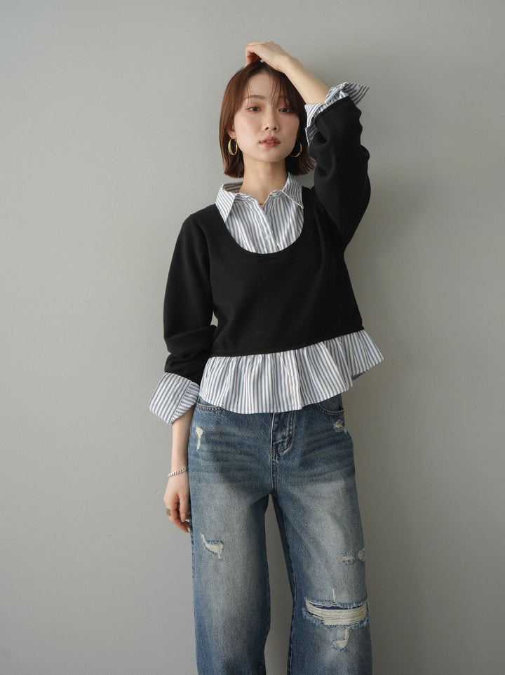 [予約]ストライプシャツUネックドッキングニットプルオーバー/blackoffstripe