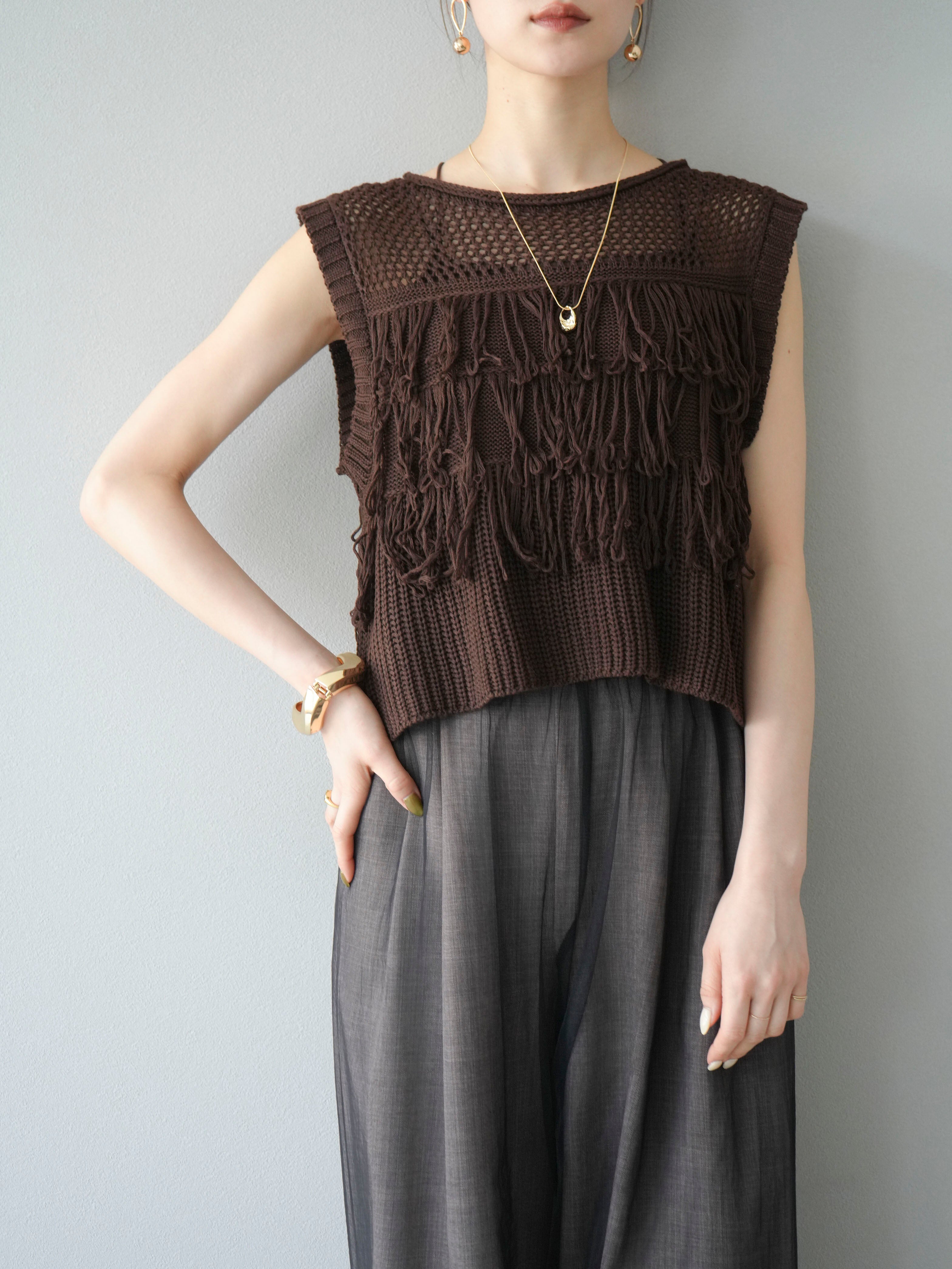 SET]透かし編みフリンジニットトップス+コード刺繍チュール