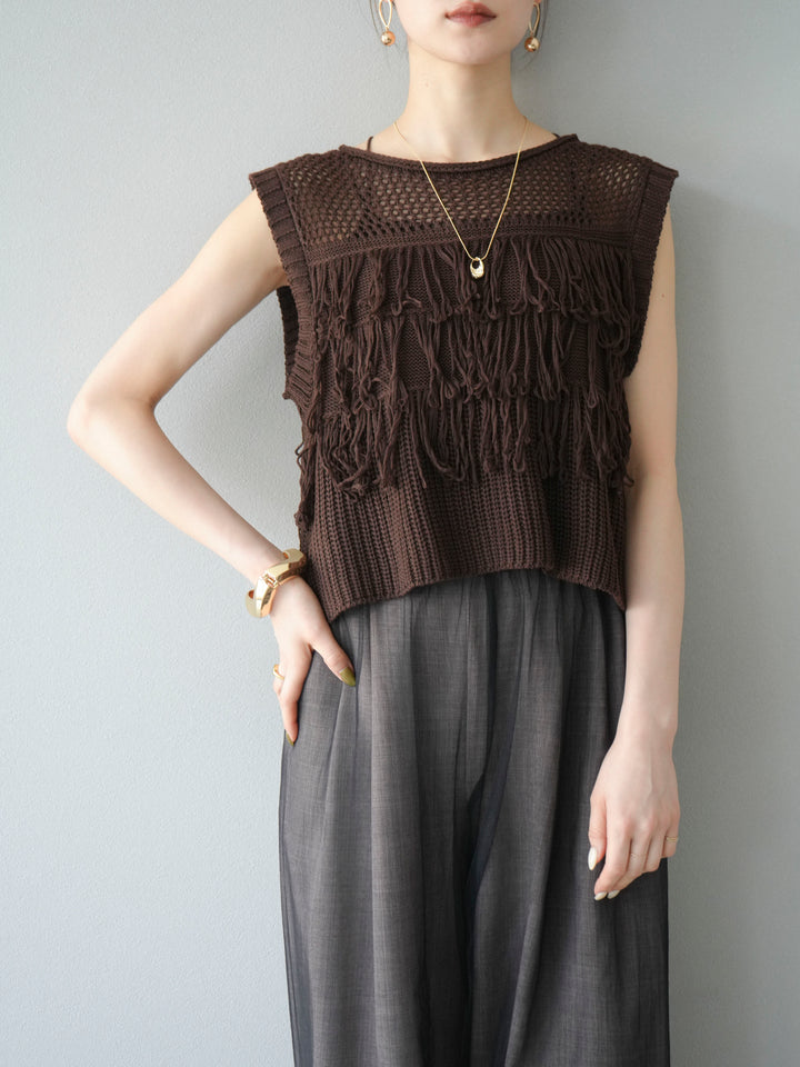 [SET]透かし編みフリンジニットトップス+コード刺繍チュールレイヤードパンツ(2set)