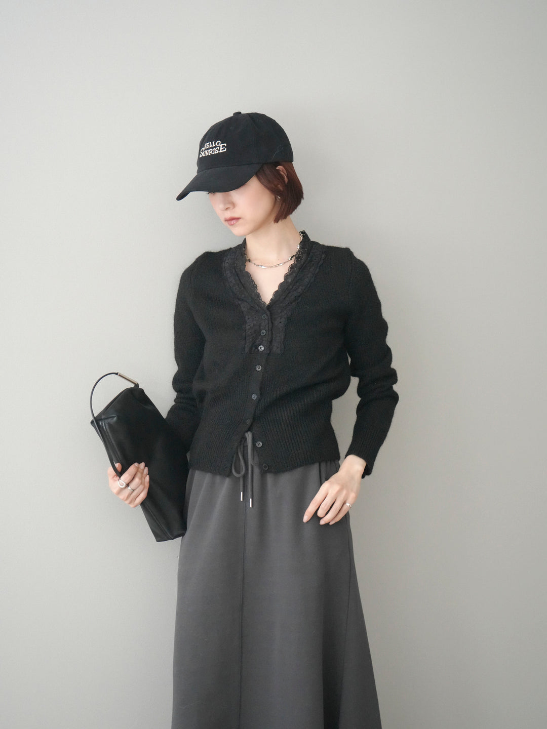 [SET]レースネックコンパクトニットカーディガン+選べるアクセセット(2set)