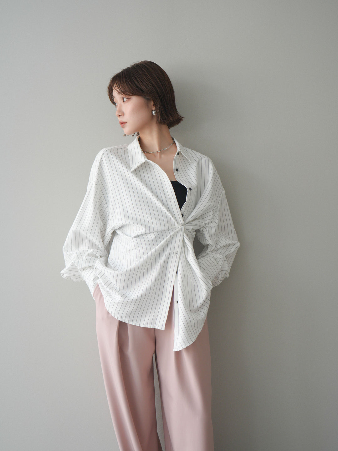 [SET]2WAYカシュクールストライプブラウス+ベルト付キーホルダーモチーフワイドパンツ(2set)