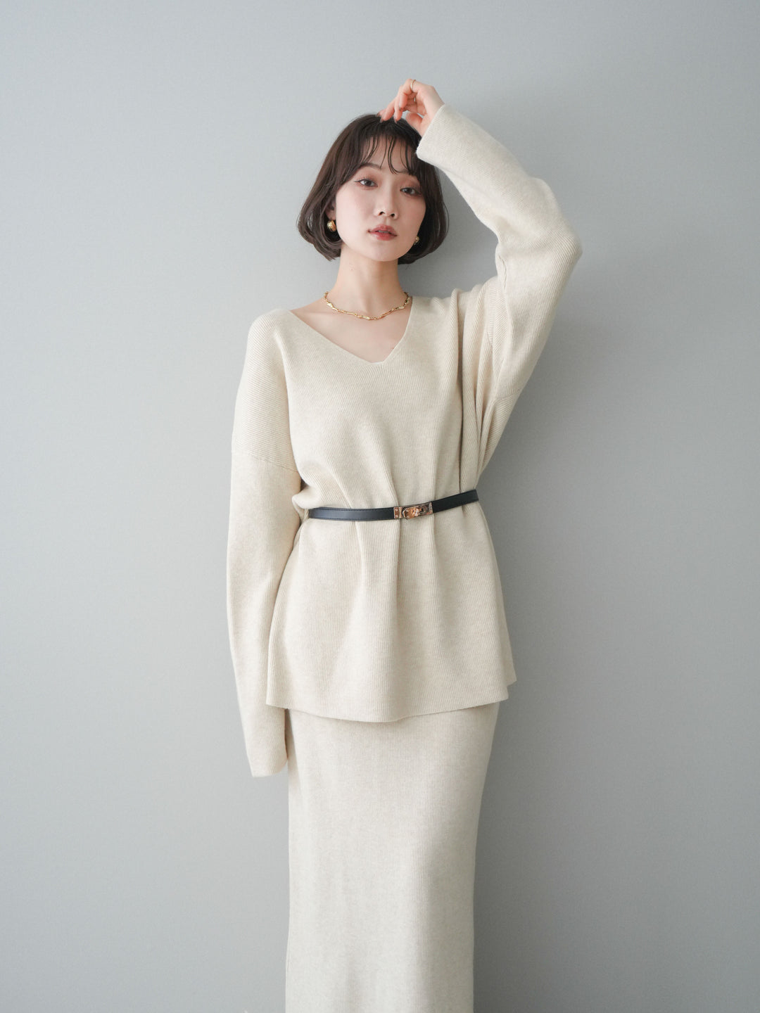 [SET]ベルト付Vネックニット＆スカートSET UP(2set)