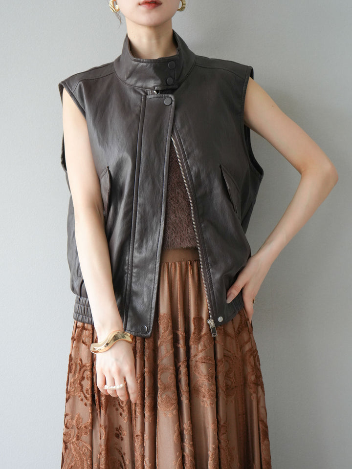 [予約]スリーブレスフェイクレザーブルゾン/ブラウン