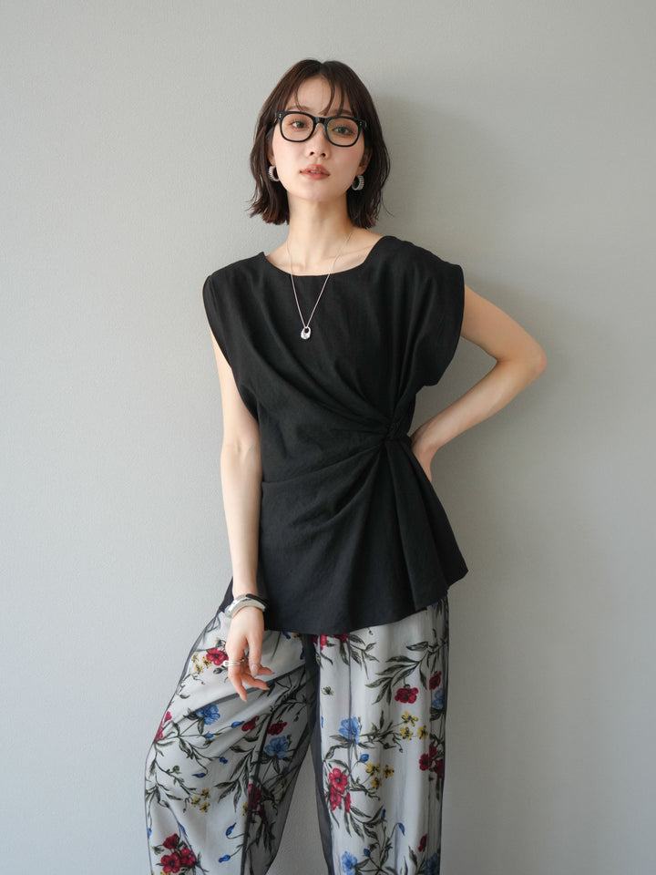[SET] 側扭法式上衣+植物圖案休閒褲+繩繡薄紗疊穿褲（3件套裝）