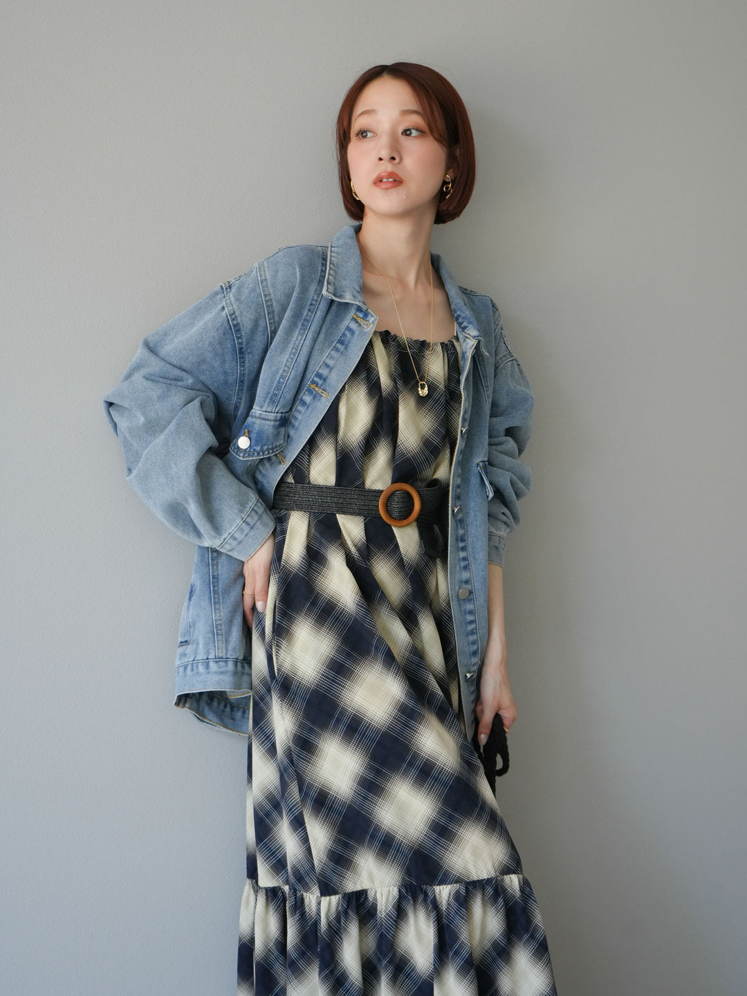 [SET]ベルト付チェックノースリーブワンピース+ビンテージデザインBIGデニムジャケット(2set)