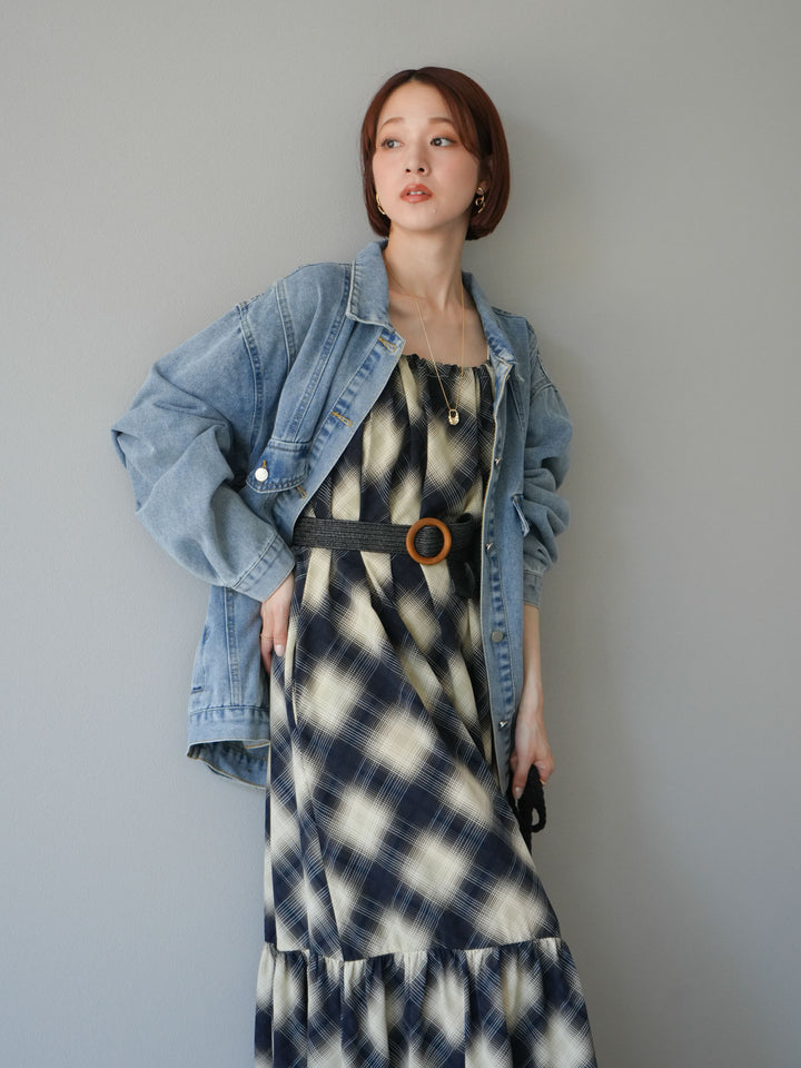 [SET]ベルト付チェックノースリーブワンピース+ビンテージデザインBIGデニムジャケット(2set)