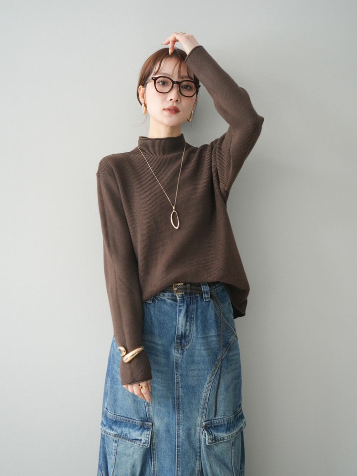[予約]ボトルネック裾カールリブニットトップス/brown