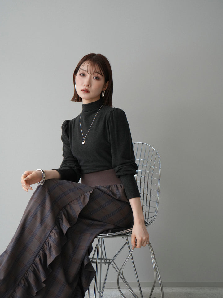 [SET]プチネックパワーショルダー起毛トップス+チェック柄フリルハイウエストマキシスカート(2set)