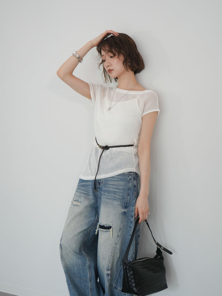 [予約]ベルト付アシメシアーニットトップス/white