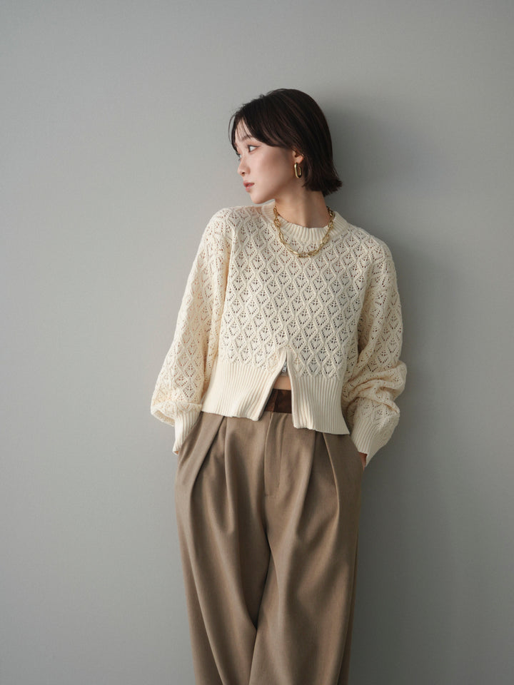 [予約]透かし編みフロントジップスリットニットプルオーバー/ivory