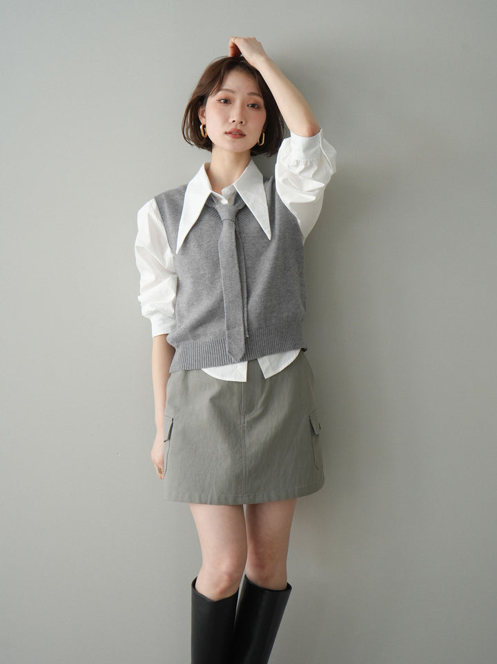 【套裝】蝴蝶結針織背心套裝襯衫+繫帶工裝迷你裙（兩件組）