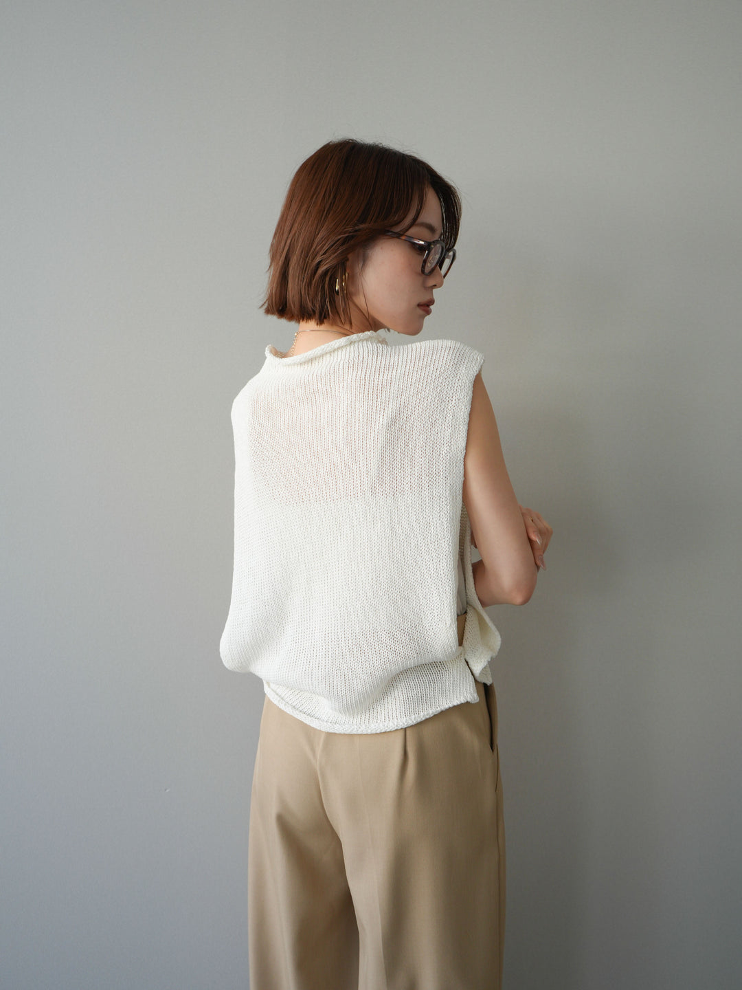 【套裝】開襟針織上衣+銀色搭扣垂褶闊腿褲（兩件套）