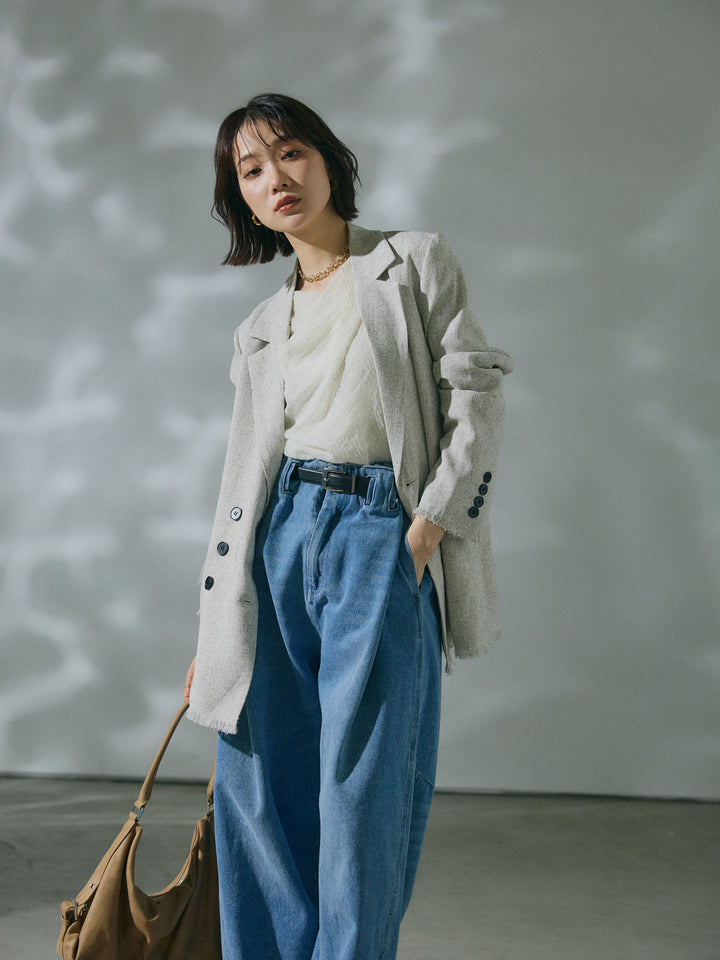 【Allure】[SET]スラブツイードフリンジテーラージャケット+ハイウエストベルトループデザインデニムパンツ(2set)